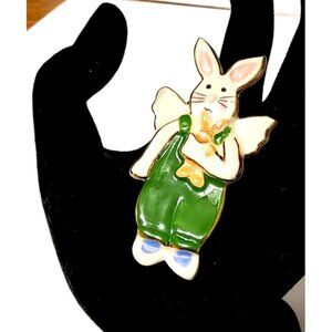 Vintage Ceramic Bunny Brooch Pin With Green Overalls & Bow